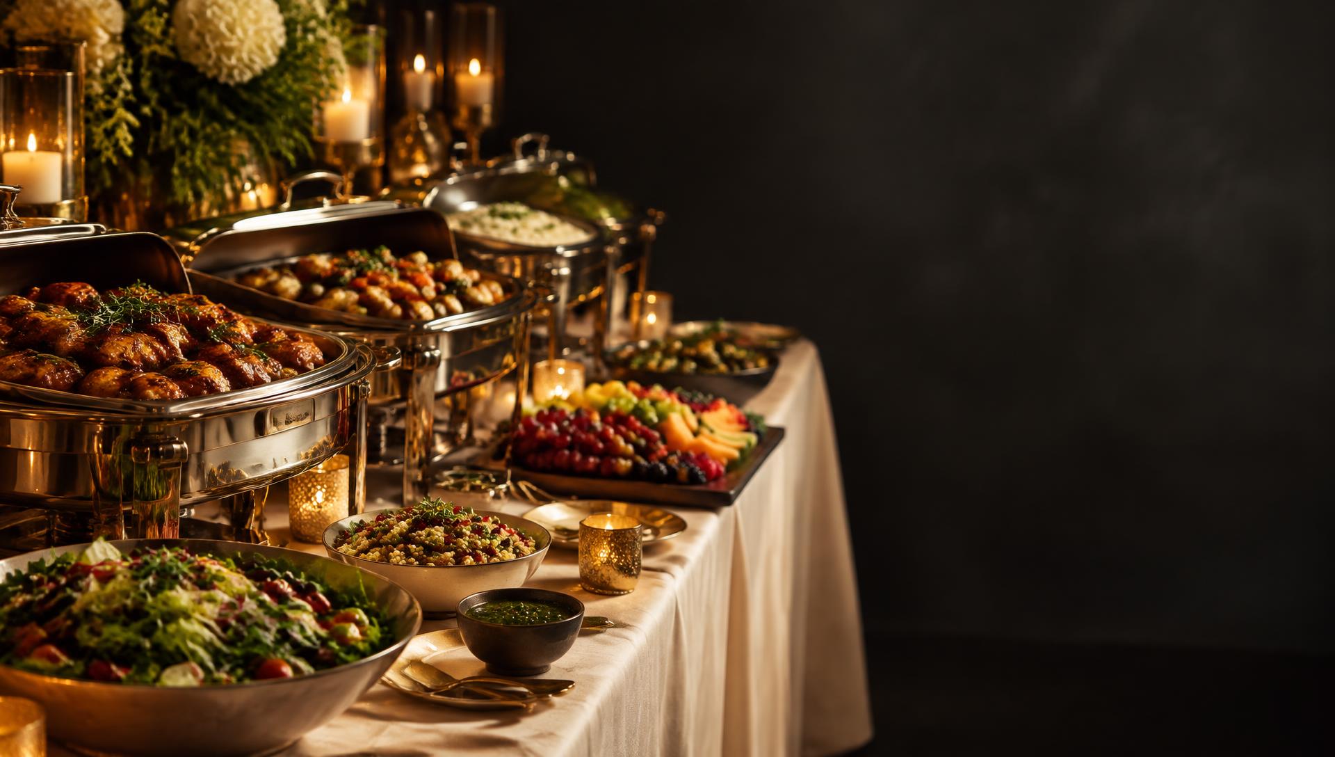 Candlelit catered buffet with chafing dishes, salads and fruit